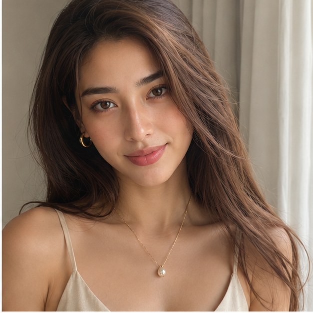 Maris Chen, FURLUMI founder, in soft window light wearing a small pearl pendant.